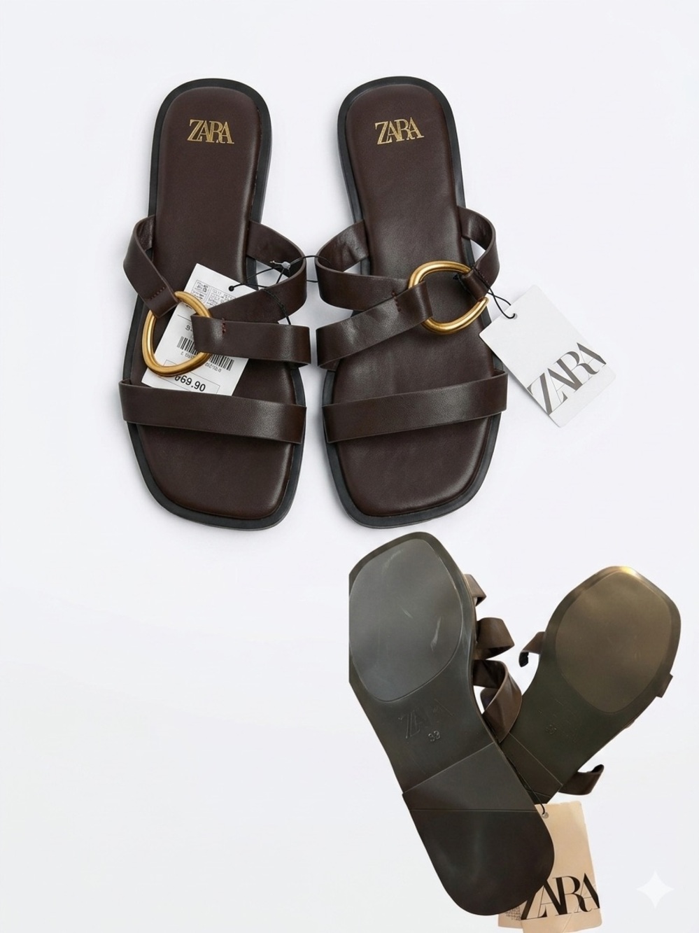 ZARA Dark Brown Leather Strappy Sandals with Gold Ring Accent